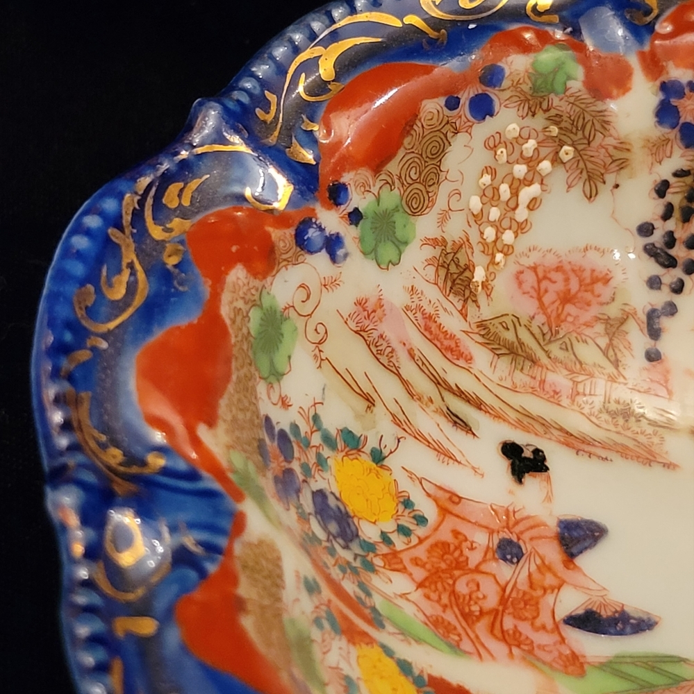 Gorgeous GEISHA GIRL Handled Bowl BLUE w/ GOLD TRIM Scenic Flowers. Marked - Picture 4 of 6